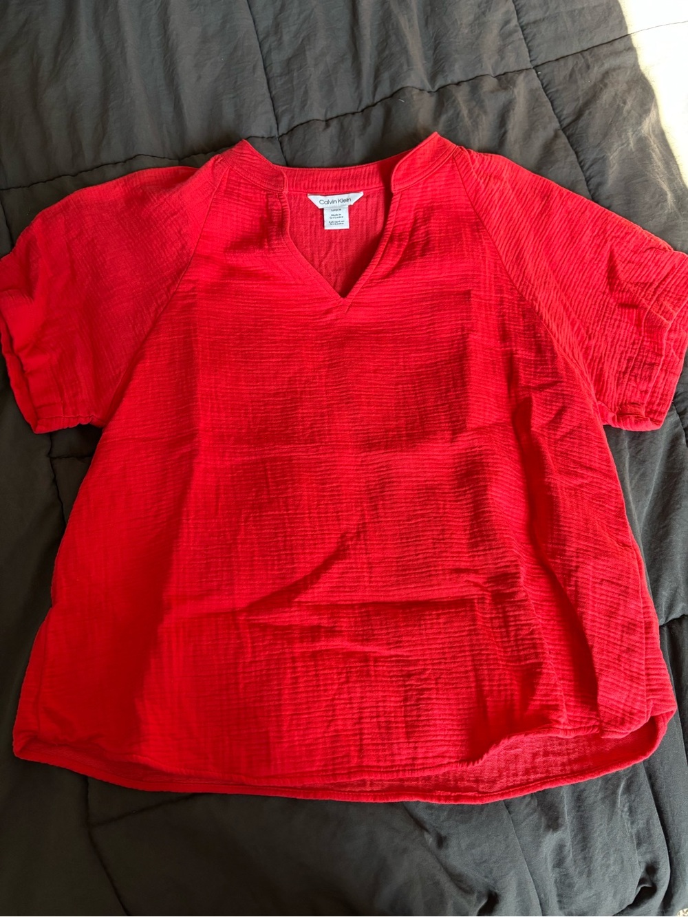 Calvin Klein Bright Red Textured V-Neck Top